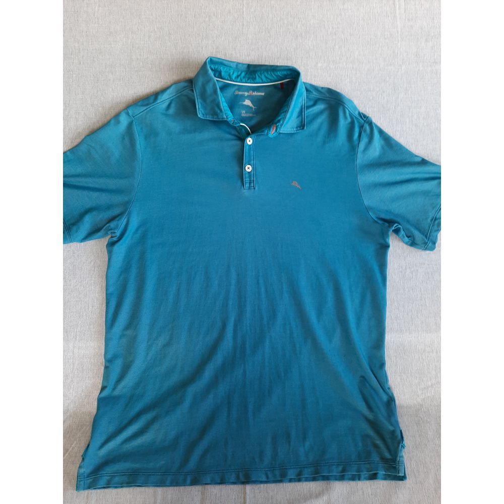Tommy Bahama Men's Large Teal Blue Stretch Button-Up Short-Sleeve Collared Polo